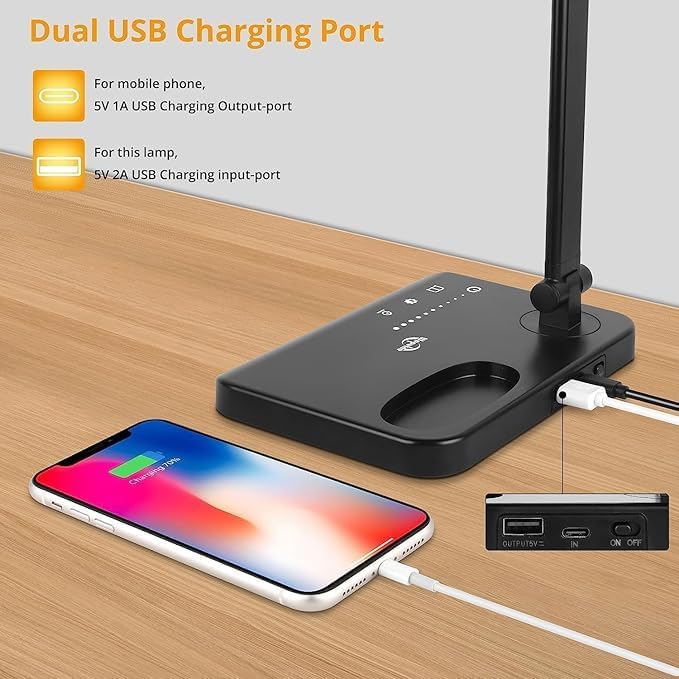 Woputne LED Desk Lamp with Dual Heads – 5 Colour Modes & 10 Brightness Levels, Adjustable Reading Light for Home Office, Bedroom, Study, and Craft (Black, Includes Adapter)