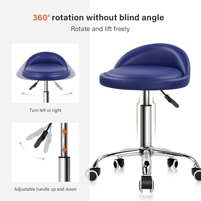 KKTONER PU Leather Round Rolling Stool with Back Rest Height Adjustable Swivel Drafting Work SPA Task Chair with Wheels (Blue)