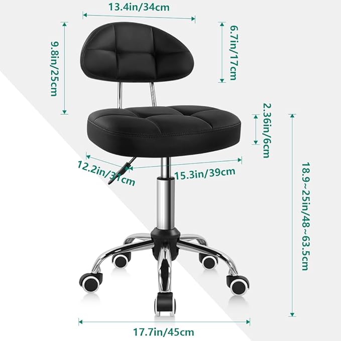 BFTOU Black Square Minimalist Swivel Stool with Wheel for Work SPA Shop Massage Height-Adjustable and Cost-Effective Rolling Stool Chair with Back