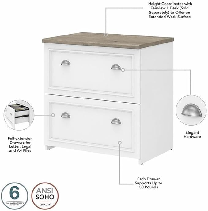 Pemberly Row 60W L Desk with Hutch and File Cabinet, Engineered Wood, White and Gray Finish, Farmhouse Style Office Furniture for Home Workspace, Ample Storage with Shelves and Drawers
