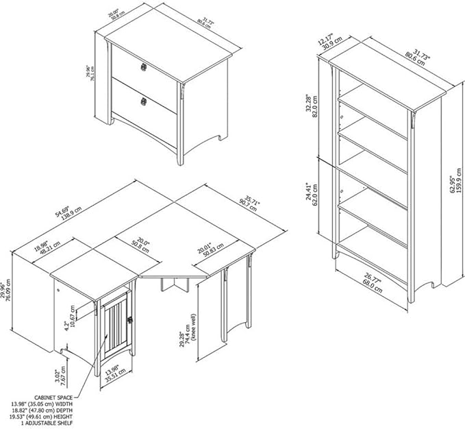 Scranton & Co Salinas Office Set, 55W Corner Desk with Cabinet, 5 Shelf Bookcase, 2 Drawer Lateral File, Mission Style, Multiple Finishes, Home Office Furniture for Storage and Organization