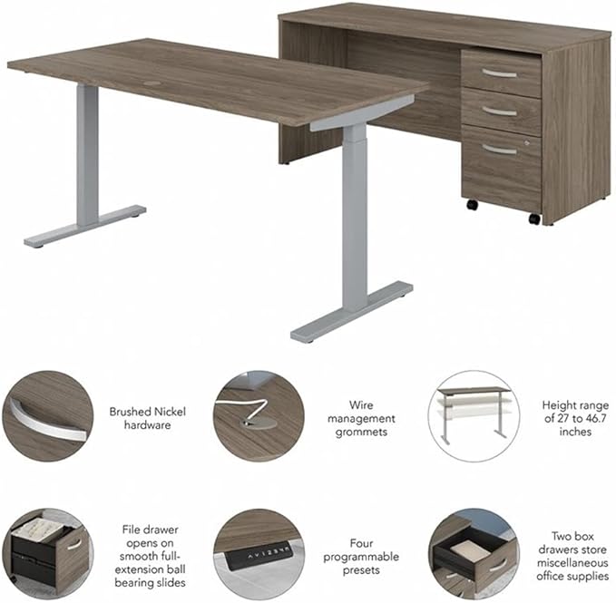 Pemberly Row Engineered Wood Adjustable Standing Desk Set, 60W Modern Hickory Finish, Includes Credenza Desk, Mobile File Cabinet, Brushed Nickel Hardware, Home Office Furniture
