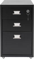 3 Drawer File Cabinet with Lock, Metal Vertical Filing Cabinets for Home Office Organizer Rolling File Cabinet with Lock and Wheels Under Desk Storage Cabinet (Black)