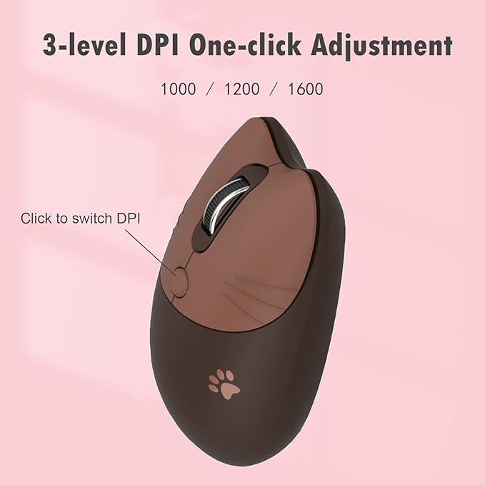 Lomiluskr Cute Cat Wireless Mouse, Lightweight Soundless Mice, 2.4G Wireless Mice, Candy Colors, Kawaii Mouse for Girls and Kids (Coffee)