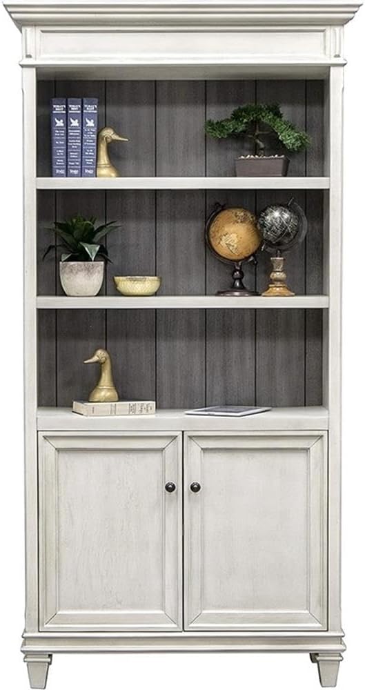 BOWERY HILL Set of 2 Double Pedestal Desk and Bookcase with Doors in White