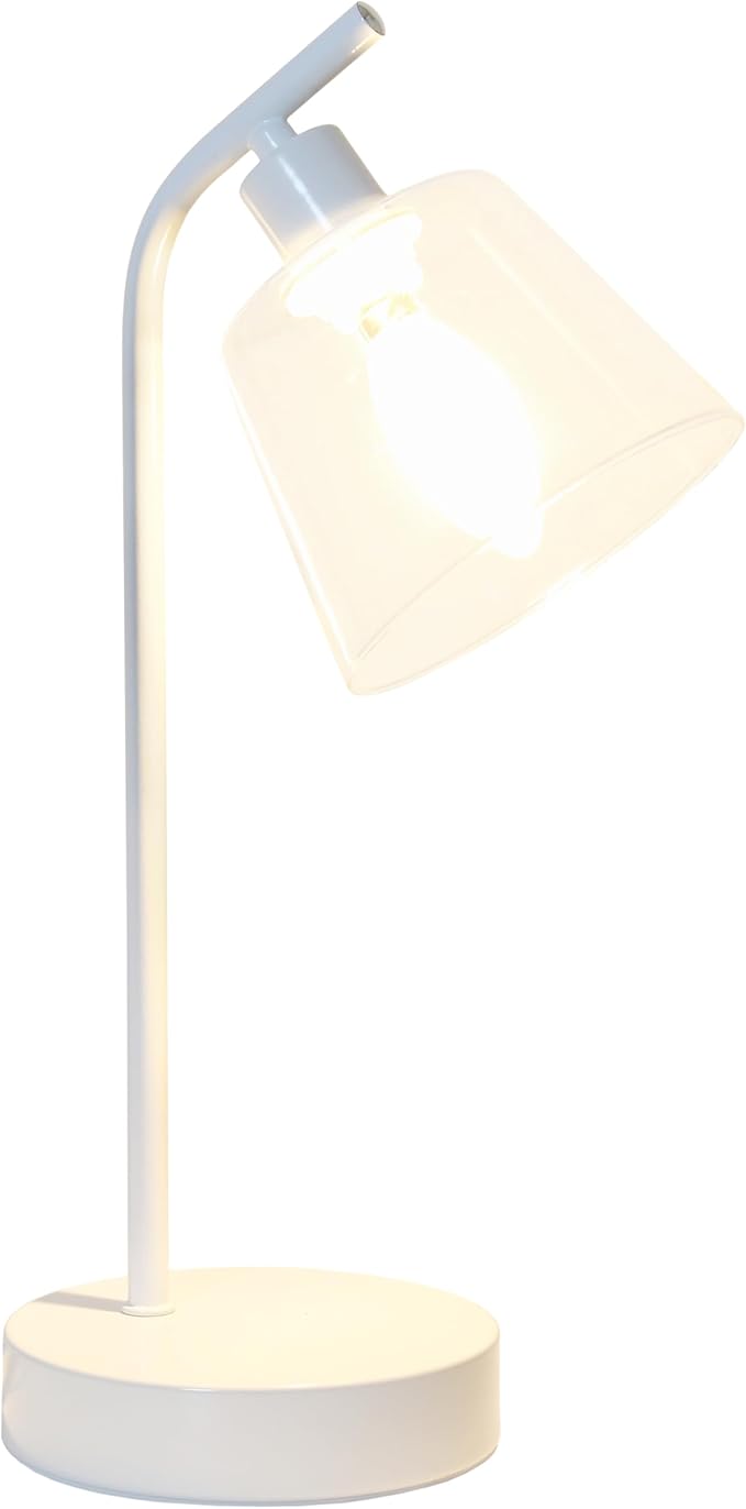 Simple Designs LD1080-WHT 16" Sleek Essentials Modern Industrial Metal Desk Lamp with Clear Glass Shade, for Office, Desk, Nightstand, Dorm, White