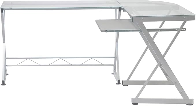 Techni Mobili L Shaped Desk with Keyboard Tray - Efficient Work from Home Desk - Glass L Shaped Desk - Professional Work Desk for Home Office - Versatile Glass Corner Desks for Home Office