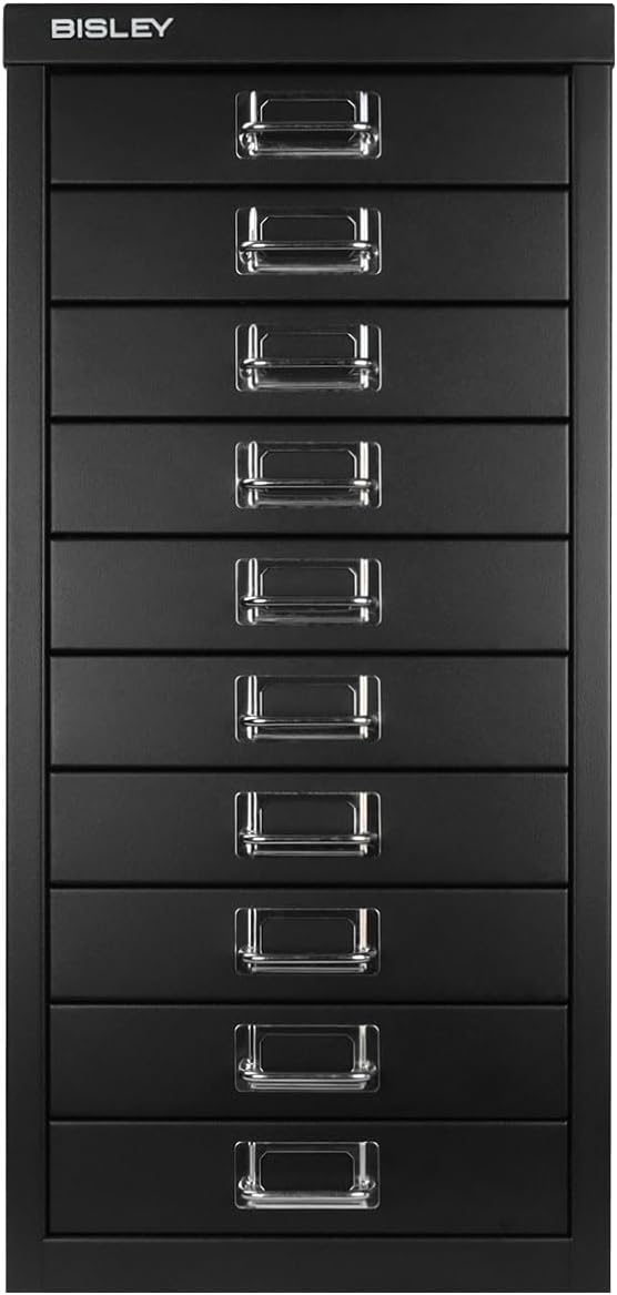 Bisley 10-Drawer Steel MultiDrawer Cabinet - Black, Chrome Pull Handles with Label Holders, Powder-Coated Steel, Removable Drawers, Fits Under Most Desks, Labels Included