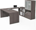 Atlin Designs U Shape Computer Desk with Hutch, Bark Gray Finish, 71 in Wide, Melamine and Particle Board Construction, Lockable Drawers, Frosted Glass Doors, Reversible Office Desk for Home or Work