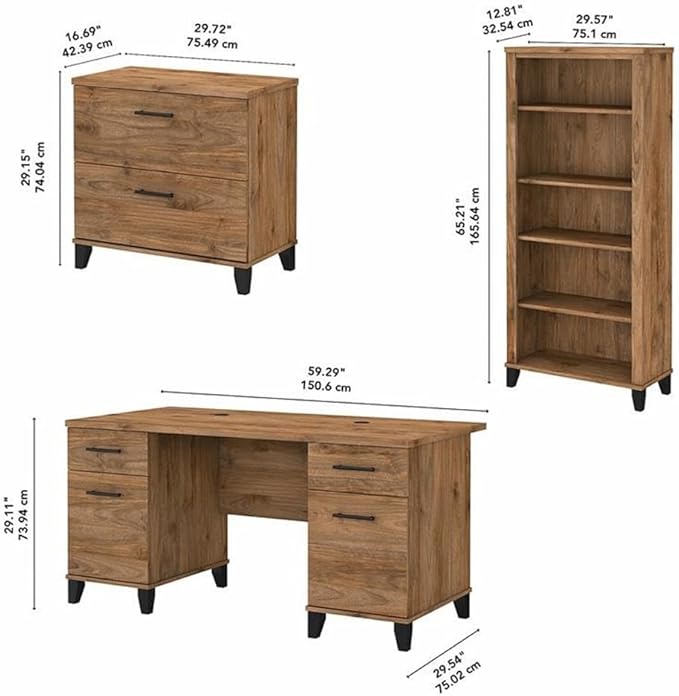 Pemberly Row 60W Office Desk Set, Fresh Walnut Finish, Engineered Wood, Includes Desk, File Cabinet & 5 Shelf Bookcase, Adjustable Shelves, Wire Management, Home Office Furniture for Workspace or