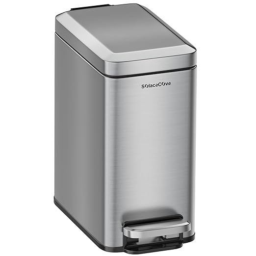Small Bathroom Trash Can with Soft-Close Lid, 6L/1.6 Gal Stainless Steel Slim Step Garbage Can with Removable Inner Bucket for Bedroom, Bathroom