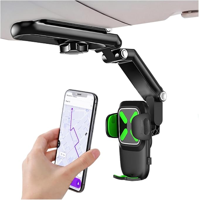 Car Sun Visor Phone Holder, Multifunctional 1080° Rotatable Retractable Vehicle Rearview Cell Phone Mount, Autom Visor Smartphone Holder, Universal for SUV RV Truck (Green)