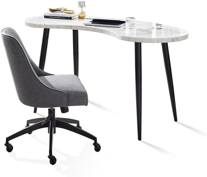 Pemberly Row Desk and Chair Set, 60 in White Marble Desk with Ebony Legs, Gray Upholstered Swivel Chair, Mid-Century Modern Office Set, Adjustable Chair for Home or Workspaces