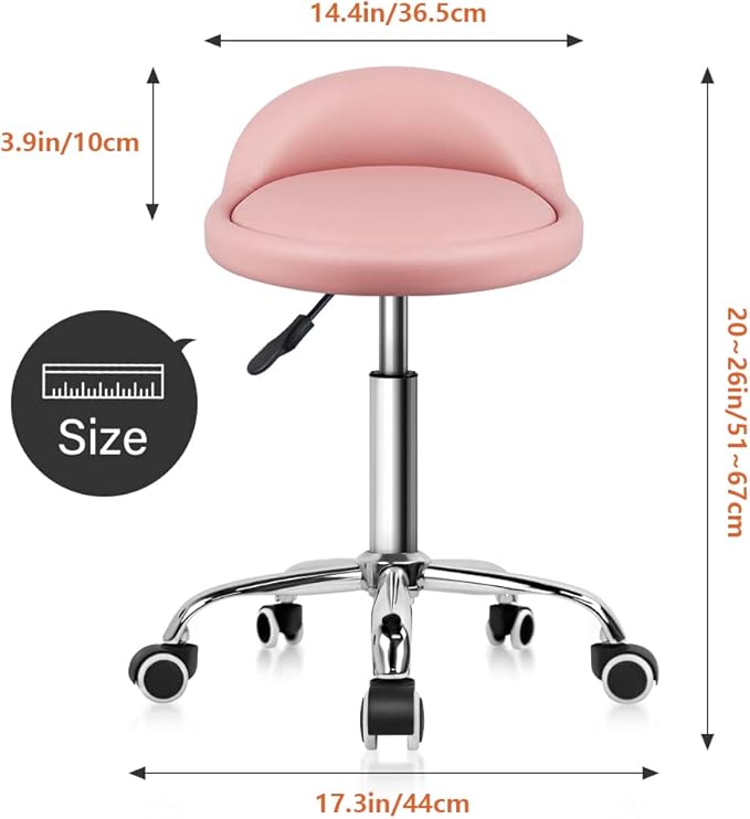 KKTONER PU Leather Round Rolling Stool with Back Rest Height Adjustable Swivel Drafting Work SPA Task Chair with Wheels Pink
