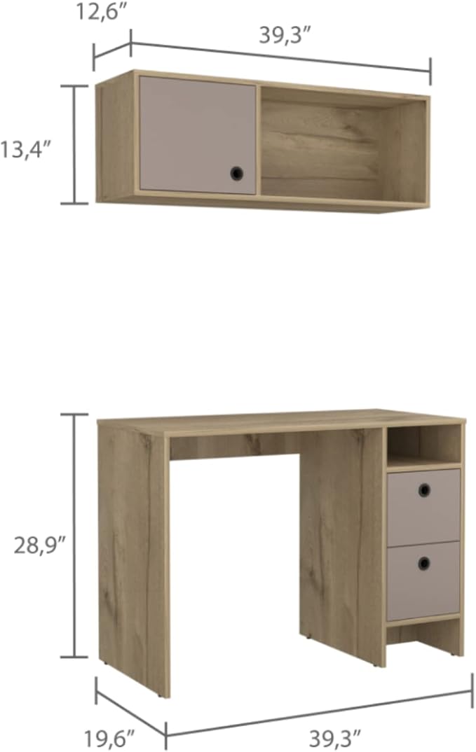 Aramis Office Set with 2 Shelves, 2 Drawers, Wall Cabinet, Single Door Cabinet, and Metal Hardware, Light Oak/ Taupe