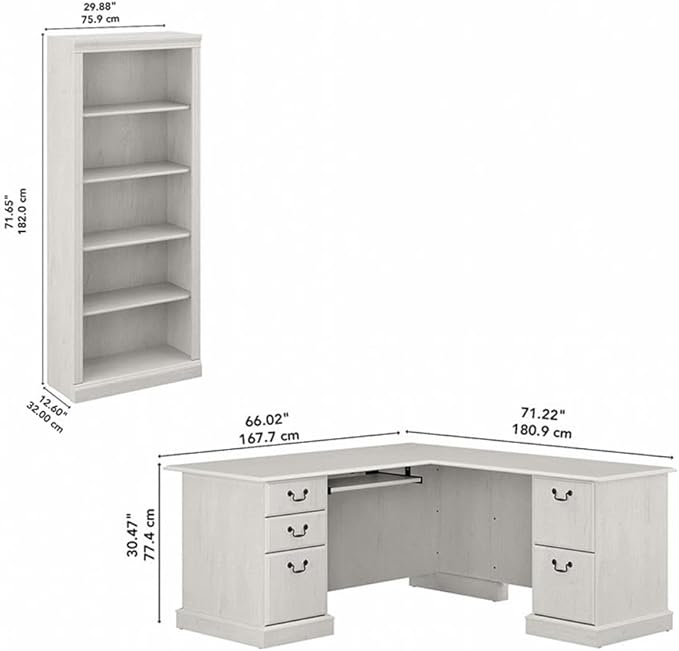Bush Furniture Saratoga L Shaped Computer Desk and Bookcase Set in Linen White Oak