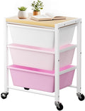 Rolling Cart with 3 Drawers, Plastic Drawer Storage Carts with Lockable Wheels & Wooden Tabletop, Metal Utility Cart Organizer, Office Bedroom Classroom Craft Organization and Storage, Bright Pink