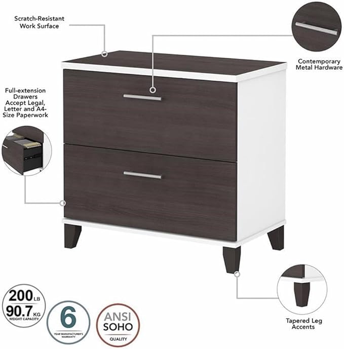 Pemberly Row 60W Engineered Wood Office Desk Set, Gray Finish, Includes Desk, Lateral File Cabinet, 5 Shelf Bookcase, Cable Management, Adjustable Shelves, Home Office Furniture for Organization
