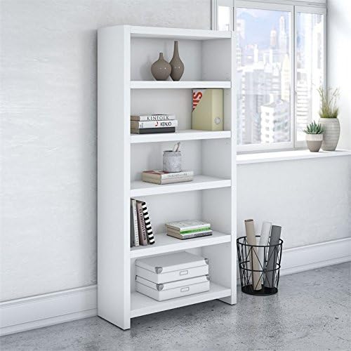 BBF Bush Business Furniture Echo 2 Piece L Shaped Desk and 5 Shelf Bookcase Set in Pure White