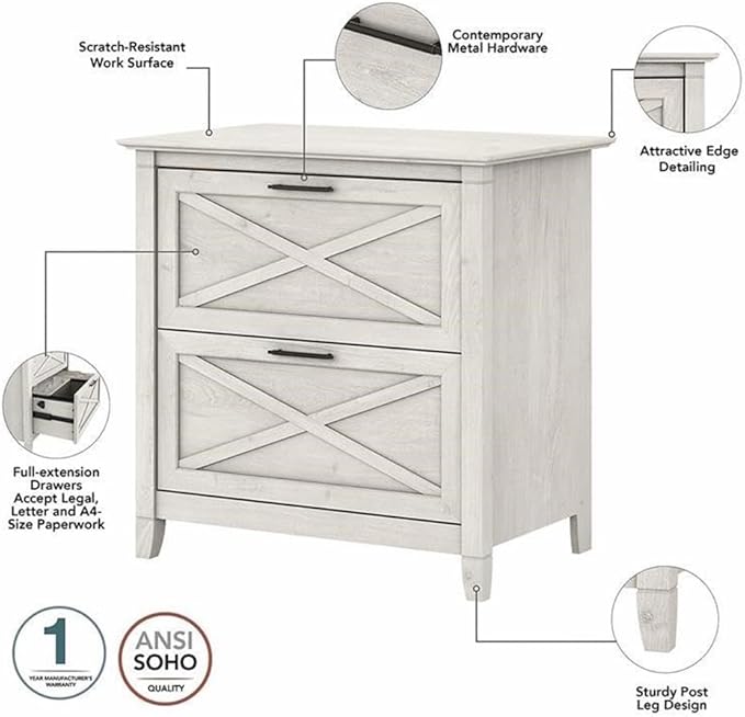 Bush Furniture Key West 54W Computer Desk with 2 Drawer Lateral File Cabinet and 5 Shelf Bookcase in Linen White Oak