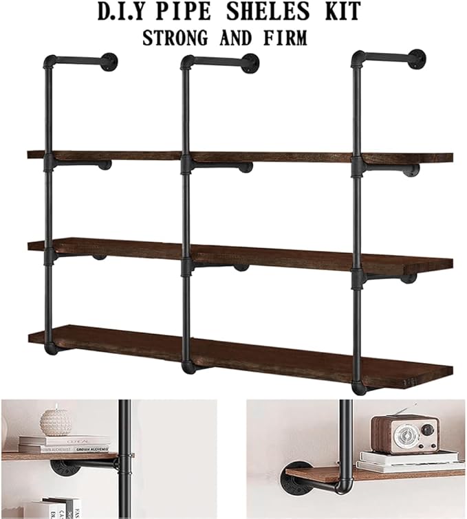 HITOMEN Industrial Iron Pipe Shelves, 3 Set 4-Tier 41.5" Tall 12" Depth, DIY Open Bookshelf Bookcase, Wall Mounted Vintage Retro Shelving, Rustic Farmhouse Pantry Kitchen Storage, Black Shelf Brackets