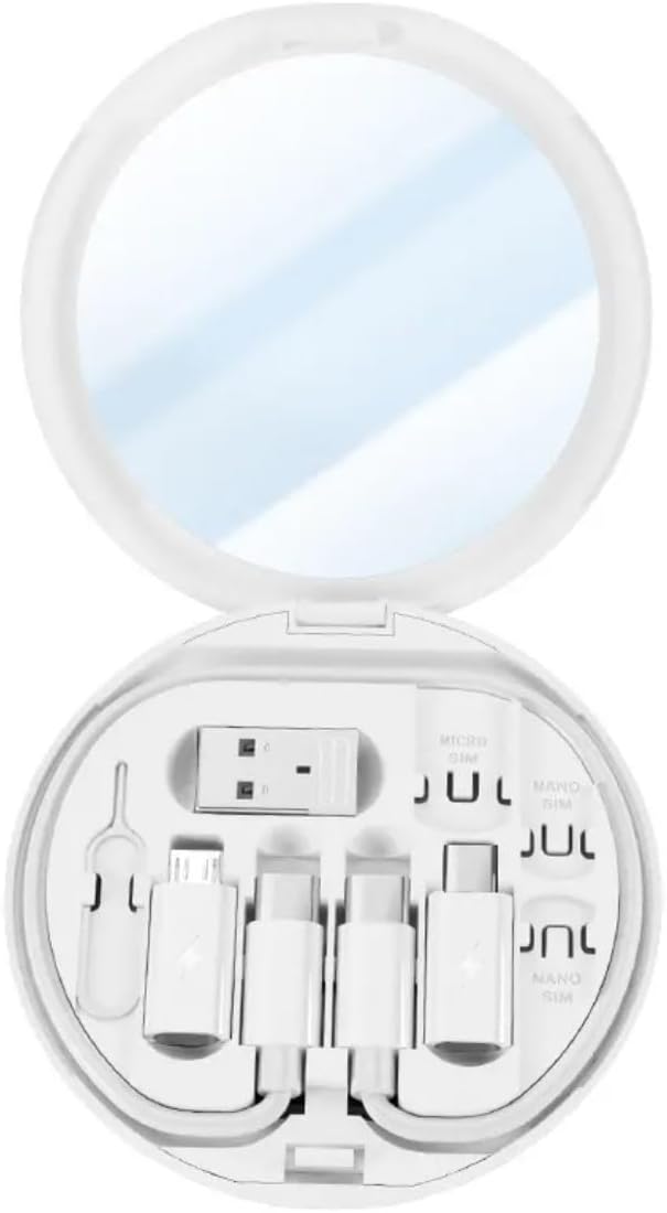 Multi USB Traveling Adapter Case Including Type C to iOS,Ejector pin, Micro-USB, USB,12in Type C Cable up to 60W PD, Fast Charging, and SIM Card Slot with Mirror.
