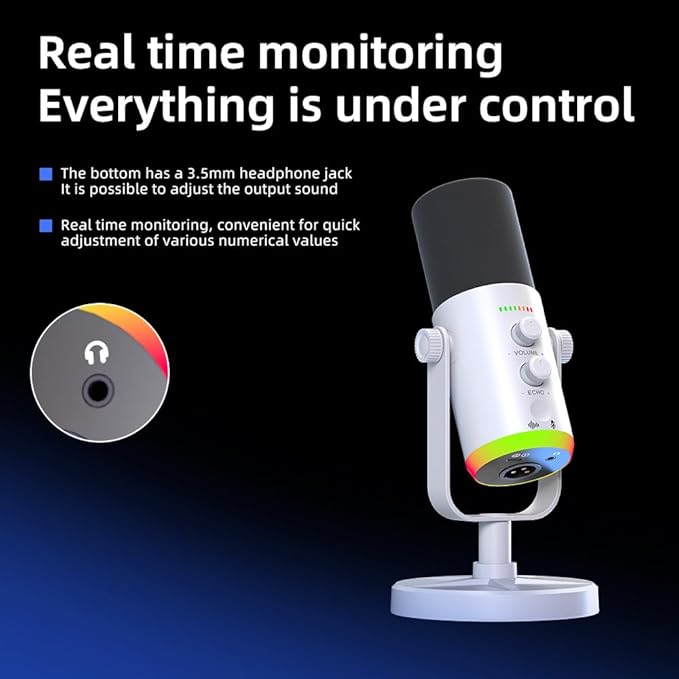 USB/XLR Desktop Dynamic Microphone with RGB Lighting, Noise Reduction, Mute Button & Headphone Jack - Podcast, Gaming, Streaming Mic for PC & Computer (White)