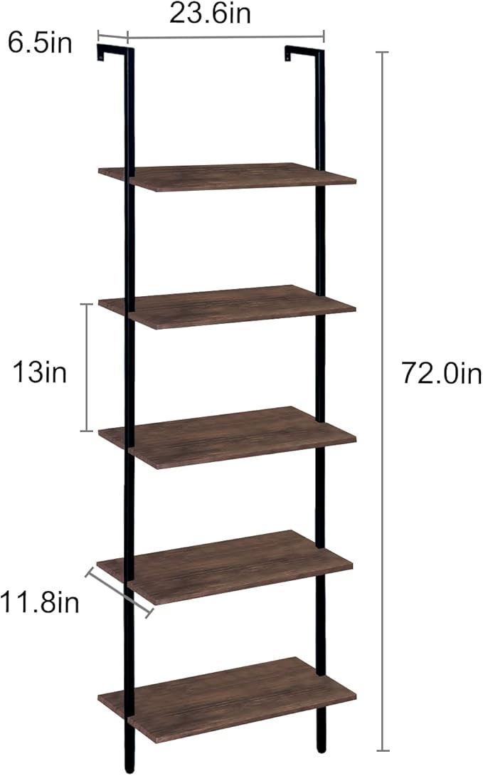 Wolawu 5 Tiers Ladder Shelf 2-Piece Black Modern Tall Bookshelf Open Large Tall Wall Mount Storage Bookcase Standing Leaning Wall Shelves Industrial Decorative (Brown)