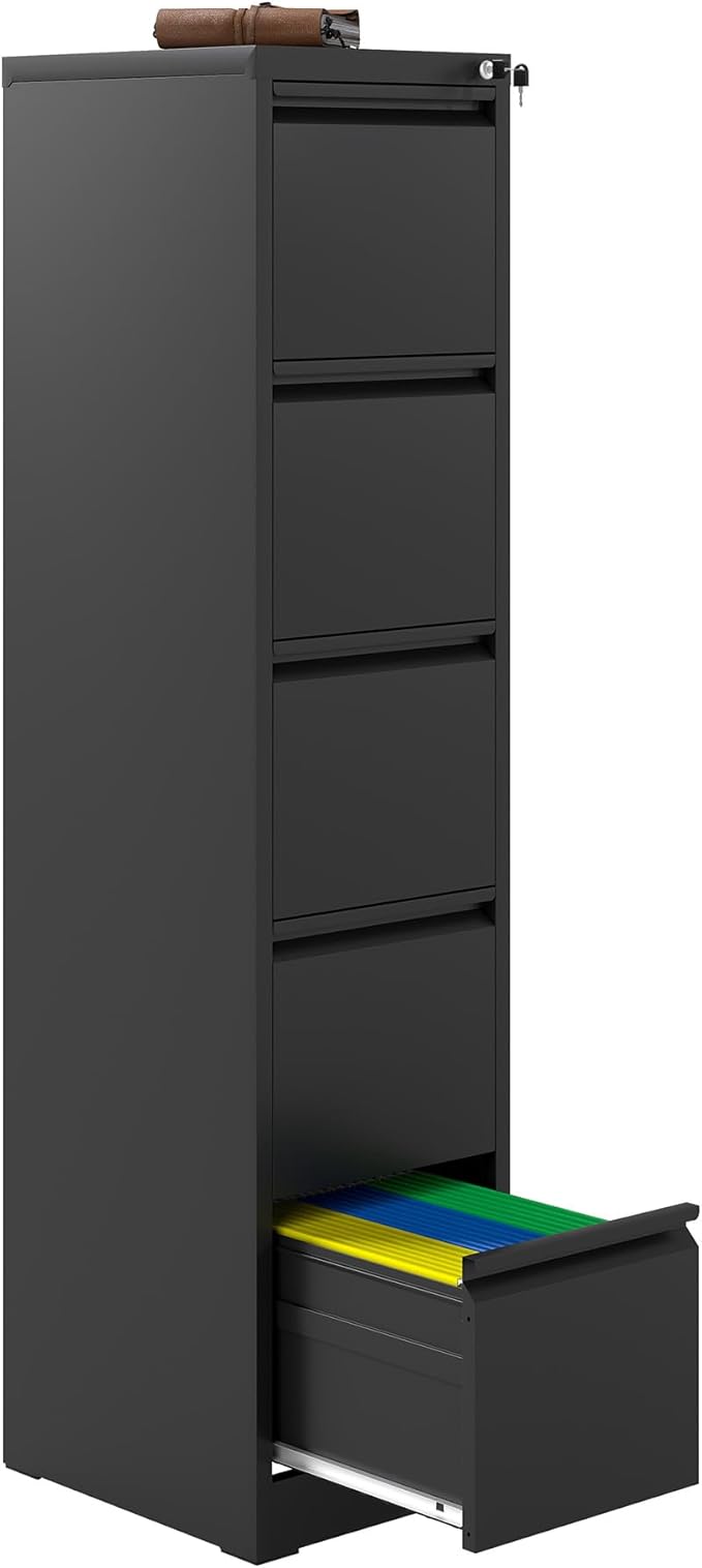 5 Drawer File Cabinet with Lock, Vertical Filing Cabinets for Home Office, Metal Storage Cabinets, Heavy Duty File Cabinet for Letter/Legal/A4/F4 Size Amsseble Required, Black