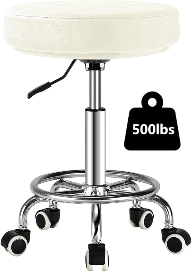 Adjustable Rolling Stool with Wheels Heavy Duty 500lb Round RollingStool with Footrest, Patent Leather Drafting Stool Chair with Wheels Work Spa Salon Seat,White