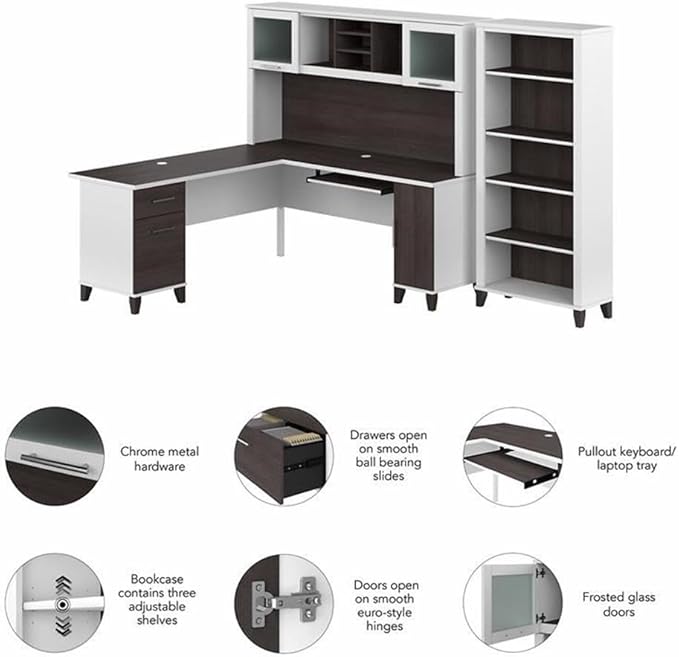 Bush Furniture Somerset 72W L Shaped Desk with Hutch and 5 Shelf Bookcase in White and Storm Gray