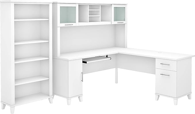 Bush Furniture Somerset 72W L Shaped Desk with Hutch and 5 Shelf Bookcase