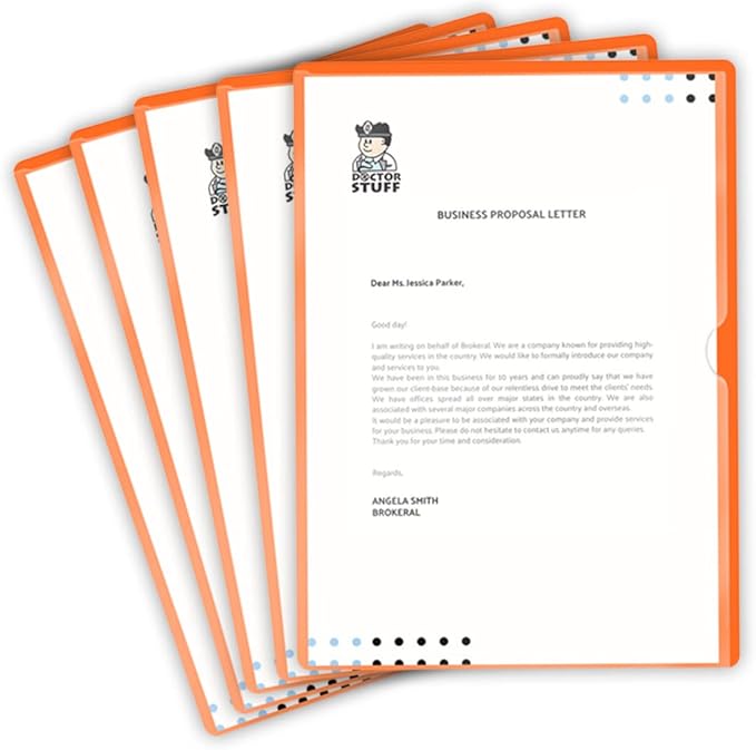 Doctor Stuff - 25 Pack L-Type Vinyl Plastic File Folders Letter Size, Orange Pocket Project Folders Clear Front, Documents Holder for Home, High School, Office and Medical Files