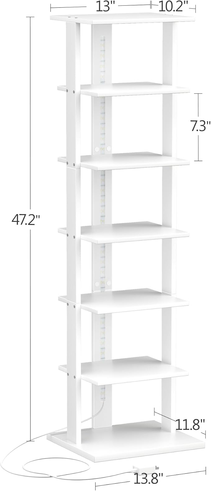 7-Tier Bookshelf, Narrow Bookcase with LED Lights, 47.2 Inch Book Shelf for Small Space, Display Storage Shelf for Living Room, Bedroom, Home Office, Study, White