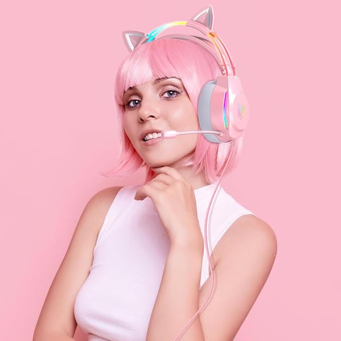 Gaming Headset with Microphone, Cat Ear Headphones for PC Laptop PS4 PS5 Xbox Switch, Rainbow RGB Lighting & Virtual Surround Sound, 3.5mm Wired Over Ear Headphones, Ergonomic