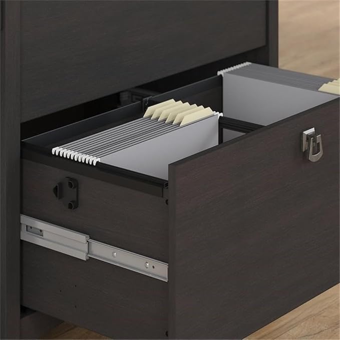 Scranton & Co Furniture Salinas L Shaped Desk with Storage Set, Vintage Black Finish, Wood Construction, Mission Style, Includes Lateral File Cabinet and 5 Shelf Bookcase, Ideal for Home Office Use