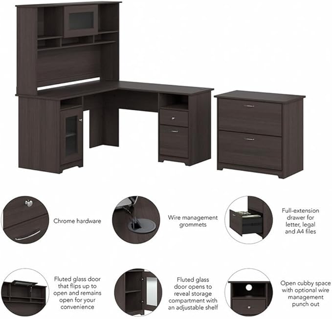 Scranton & Co Cabot L Shaped Desk with Hutch & File Cabinet, 60 in Work Surface, Fluted Glass Doors, USB Ports, Ball Bearing Slides, Chrome Hardware, Espresso Oak Finish, Office Furniture for Home or