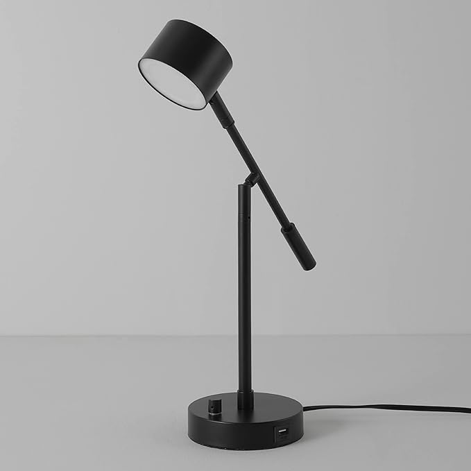 Globe Electric 52271 Aristocrat 16" Integrated LED Swing Arm Desk Lamp, Matte Black, Dimmable On/Off Rotary Switch at Base, 2.1A USB Port