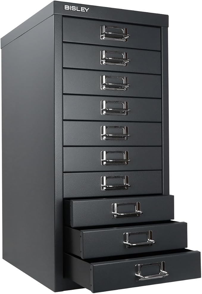 Bisley 10-Drawer Steel MultiDrawer Cabinet - Anthracite Grey, Chrome Pull Handles with Label Holders, Powder-Coated Steel, Removable Drawers, Fits Under Most Desks, Labels Included