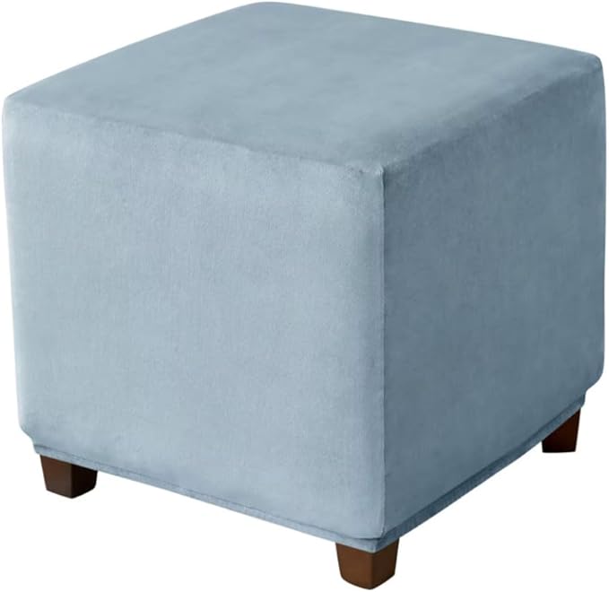 Ottoman Cover Square Velvet Ottoman Covers Protector for Footrest Foot Stool Furniture Stretch Comfortable with Elastic Bottom Small Stone Blue