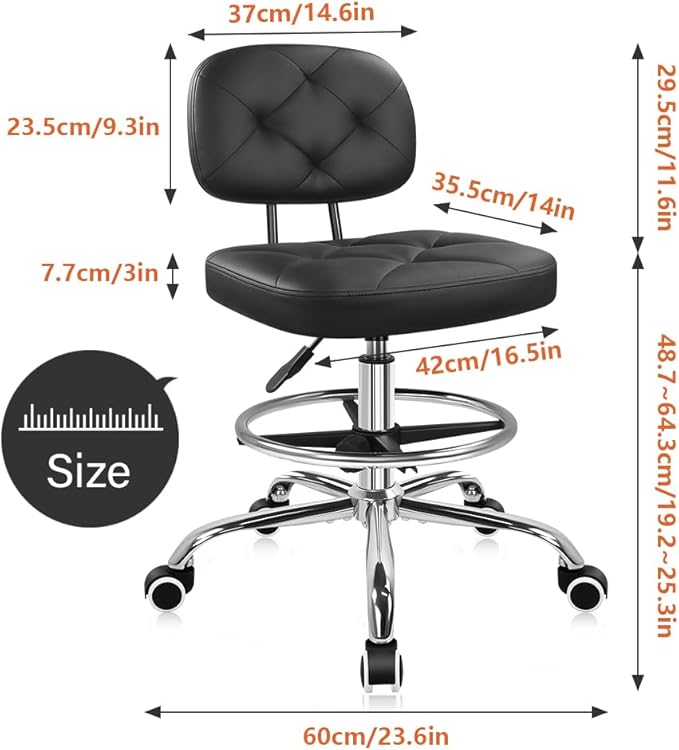 KKTONER Drafting Chair with Backrest Rolling Stool with Wheels Adjustable Footrest Swivel Chair Height Adjustable Office Chair for Shop Counter Studio Work Bar Kitchen (Black)