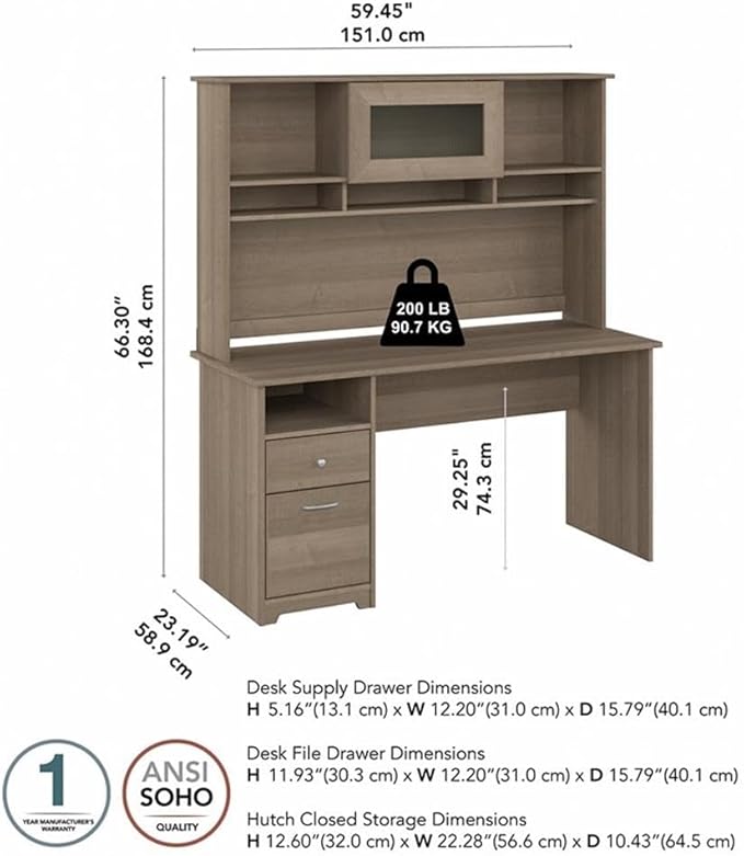 Bush Furniture Cabot 60W Single Pedestal Desk and Hutch, Ash Gray