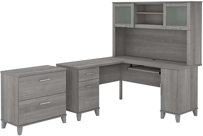 Pemberly Row Engineered Wood 60W L Shaped Desk with Hutch & File Cabinet, Gray Finish, Home Office Furniture Set with Storage, Frosted Glass Doors, Ball Bearing Slides for Letter & Legal Files