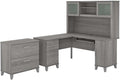 Pemberly Row Engineered Wood 60W L Shaped Desk with Hutch & File Cabinet, Gray Finish, Home Office Furniture Set with Storage, Frosted Glass Doors, Ball Bearing Slides for Letter & Legal Files