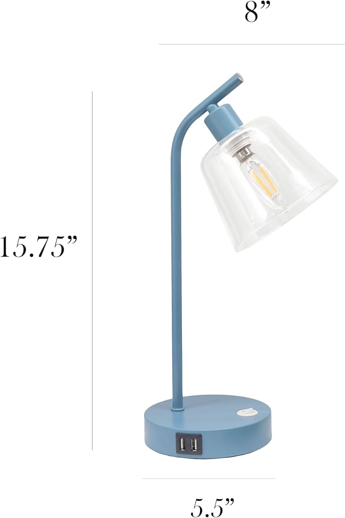 Simple Designs LD1074-BLU 15.75" Sleek Essentials Modern Industrial Metal Desk Lamp with Clear Glass Shade and Dual USB Ports, for Office, Desk, Nightstand, Dorm, Blue