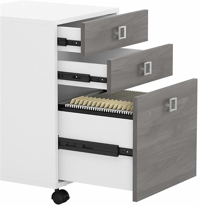 Bush Business Furniture Echo L Shaped Bow Front Desk with Mobile File Cabinet in Pure White and Modern Gray