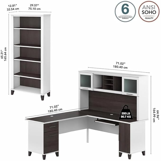 Bush Furniture Somerset 72W L Shaped Desk with Hutch and 5 Shelf Bookcase in White and Storm Gray