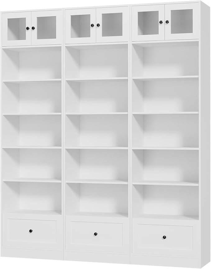 TUSY 85.5 Inch Tall Bookshelf with Doors - 7 Tier Bookcase with Glass Doors and Drawer, 23.6" Wide Storage Cabinet with Open Shelves for Living Room, White Book Shelf for Home Office (BBB)
