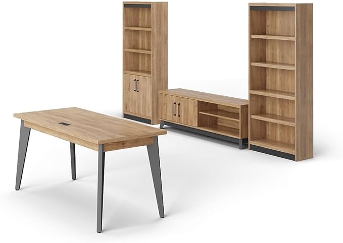NBF Writing Desk and Low Credenza w/Storage Set Monarca/Black Base, Features Adjustable Shelves, Pencil Drawer, and Bookcases for Office Storage
