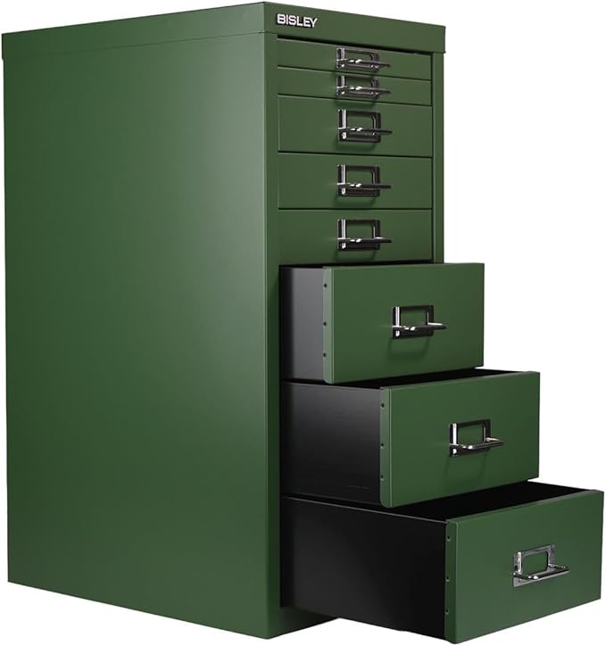 Bisley 8-Drawer Steel MultiDrawer Cabinet - Olive Green, Chrome Pull Handles with Label Holders, Powder-Coated Steel, Removable Drawers, Fits Under Most Desks, Labels Included